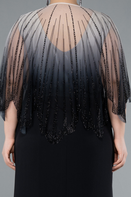 Black Stone Shawl Detailed Two Piece Long Chiffon Plus Size Evening Gown ABU4820