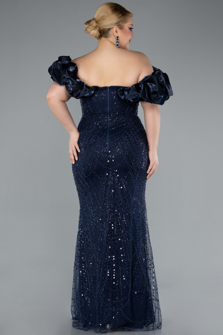 Long Navy Blue Beaded Plus Size Engagement Dress ABU4788