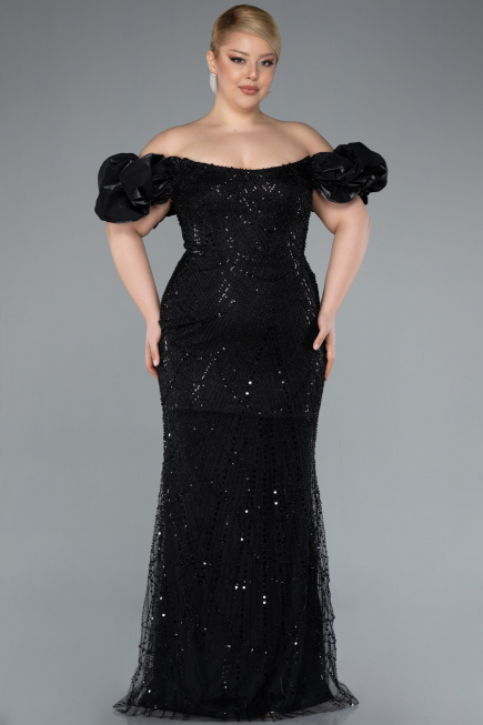 Long Black Beaded Plus Size Engagement Dress ABU4788