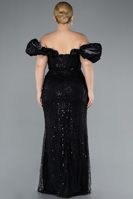 Long Black Beaded Plus Size Engagement Dress ABU4788