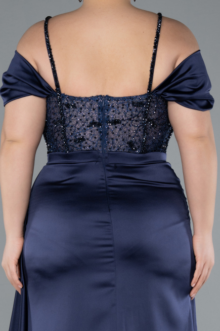 Navy Blue Glittery Underwire Slit Long Satin Plus Size Evening Gown ABU4803