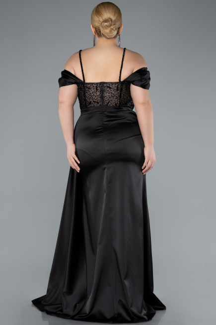 Black Glittery Underwire Slit Long Satin Plus Size Evening Gown ABU4803