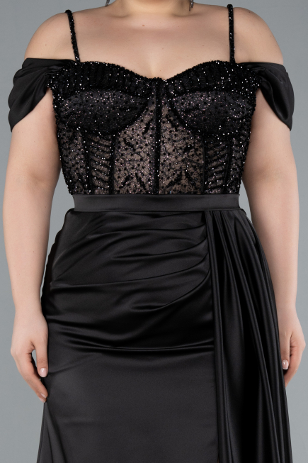 Black Glittery Underwire Slit Long Satin Plus Size Evening Gown ABU4803