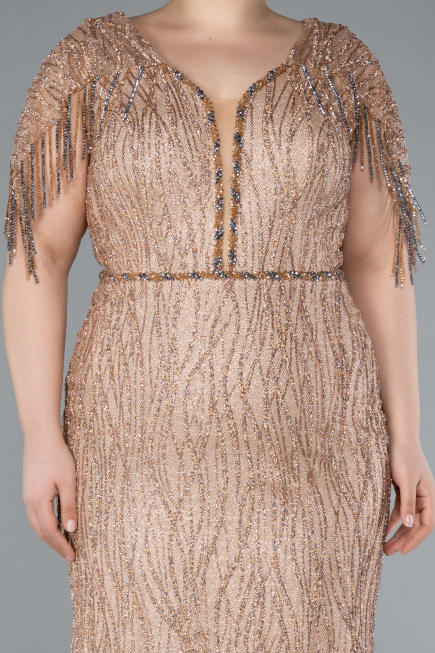 Gold Short Sleeve Stony Long Plus Size Special Design Evening Dress ABU4146