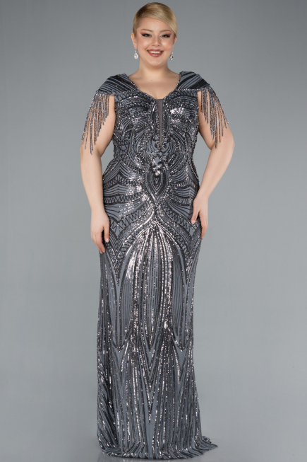 Anthracite Short Sleeve V Neck Long Sequin Plus Size Evening Gown ABU4821