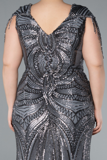 Anthracite Short Sleeve V Neck Long Sequin Plus Size Evening Gown ABU4821