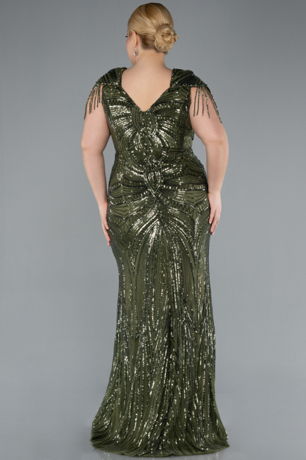Olive Drab Short Sleeve V Neck Long Sequin Plus Size Evening Gown ABU4821