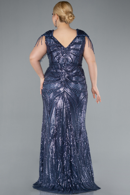 Indigo Short Sleeve V Neck Long Sequin Plus Size Evening Gown ABU4821