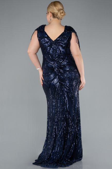 Navy Blue Short Sleeve V Neck Long Sequin Plus Size Evening Gown ABU4821