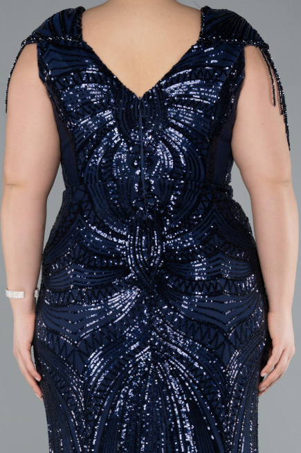 Navy Blue Short Sleeve V Neck Long Sequin Plus Size Evening Gown ABU4821