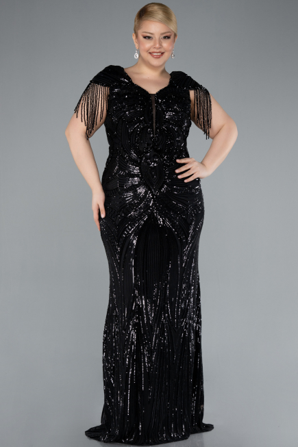 Black Short Sleeve V Neck Long Sequin Plus Size Evening Gown ABU4821