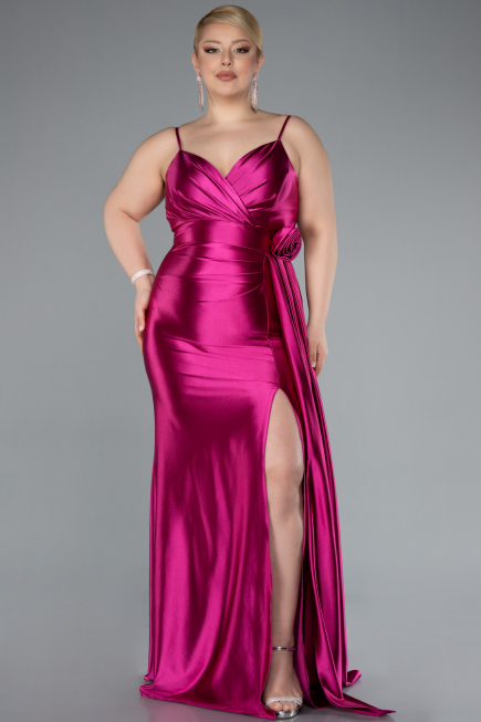 Fuchsia Back And Leg Cleavage Long Satin Plus Size Prom Gown ABU4815