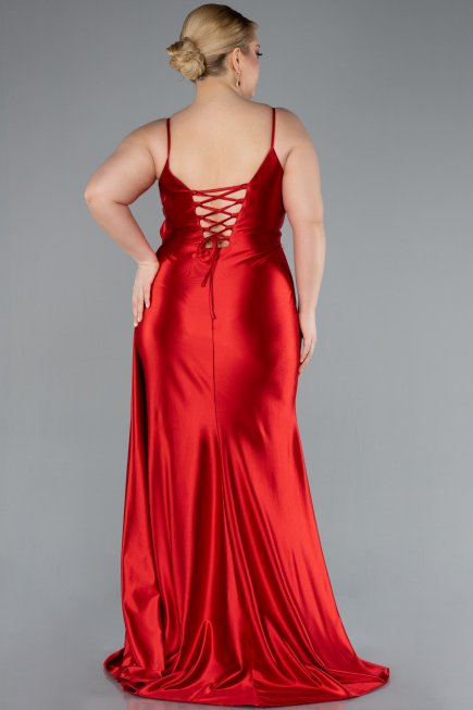 Red Back And Leg Cleavage Long Satin Plus Size Prom Gown ABU4815