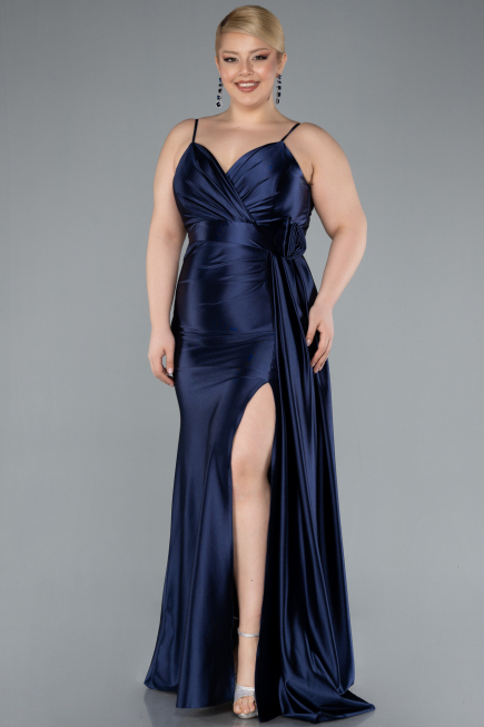 Navy Blue Back And Leg Cleavage Long Satin Plus Size Prom Gown ABU4815