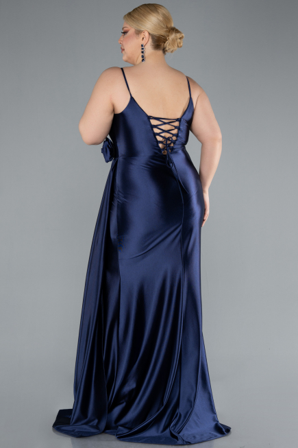 Navy Blue Back And Leg Cleavage Long Satin Plus Size Prom Gown ABU4815