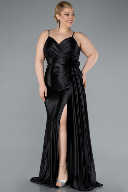 Black Back And Leg Cleavage Long Satin Plus Size Prom Gown ABU4815