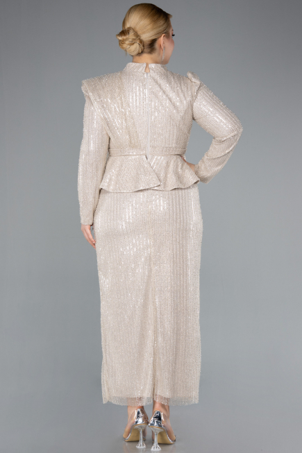 Beige Long Sleeve Stand Collar Midi Beaded Plus Size Evening Gown ABK2294
