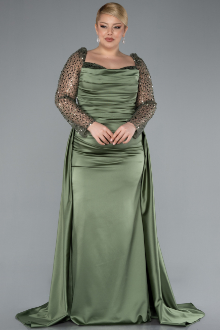 Long Olive Drab Satin Formal Plus Size Dress ABU4670