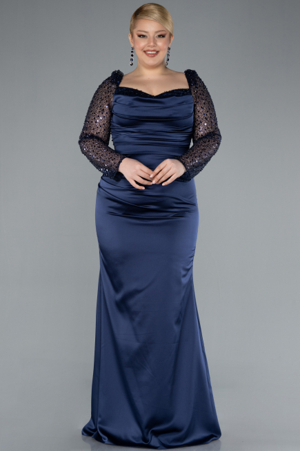Long Navy Blue Satin Formal Plus Size Dress ABU4670