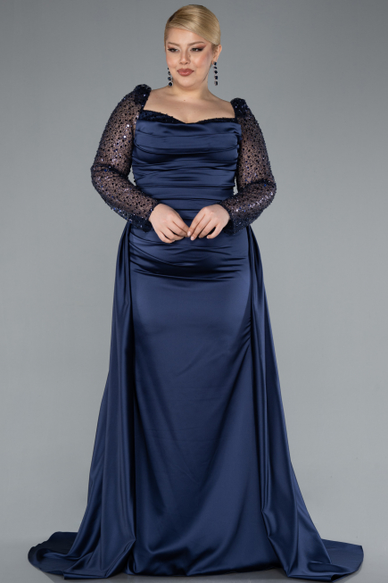 Long Navy Blue Satin Formal Plus Size Dress ABU4670