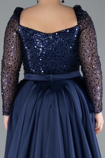 Long Navy Blue Satin Formal Plus Size Dress ABU4670