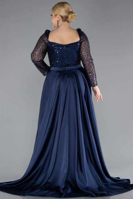 Long Navy Blue Satin Formal Plus Size Dress ABU4670