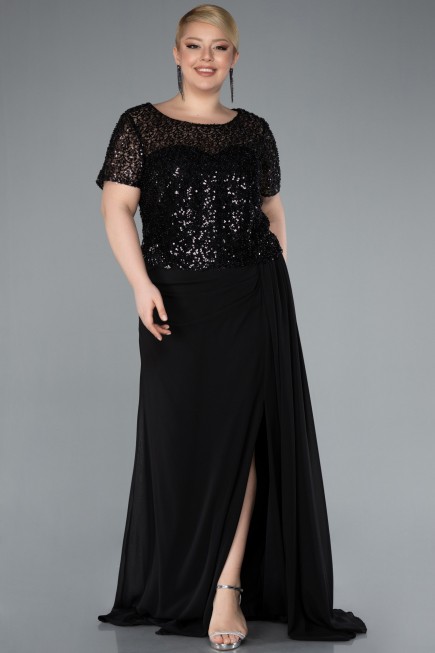 Black Short Sleeve Beaded Slit Long Plus Size Chiffon Evening Gown ABU4806