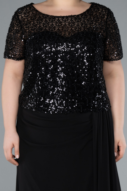 Black Short Sleeve Beaded Slit Long Plus Size Chiffon Evening Gown ABU4806