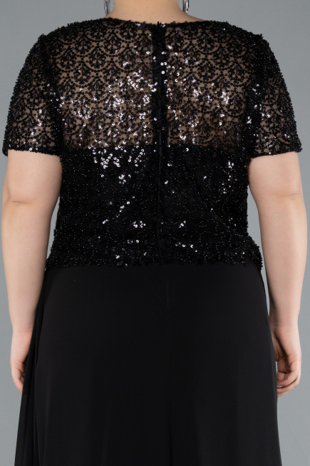 Black Short Sleeve Beaded Slit Long Plus Size Chiffon Evening Gown ABU4806