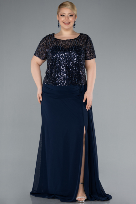 Navy Blue Short Sleeve Beaded Slit Long Plus Size Chiffon Evening Gown ABU4806