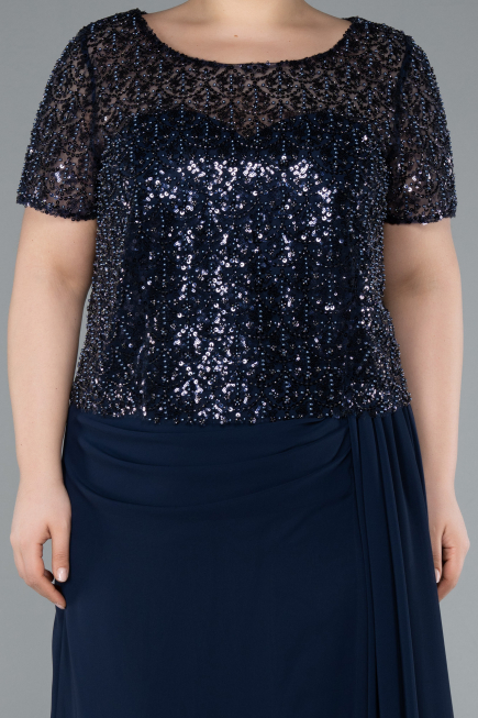 Navy Blue Short Sleeve Beaded Slit Long Plus Size Chiffon Evening Gown ABU4806