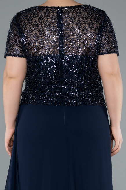 Navy Blue Short Sleeve Beaded Slit Long Plus Size Chiffon Evening Gown ABU4806