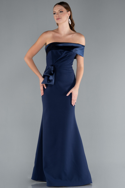 Navy Blue Satin One Shoulder Long Mermaid Evening Gown ABU4832