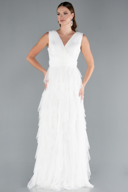 White V Neck Layered Tulle Long Prom Dress ABU4723