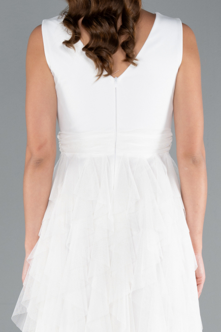 White V Neck Layered Tulle Long Prom Dress ABU4723