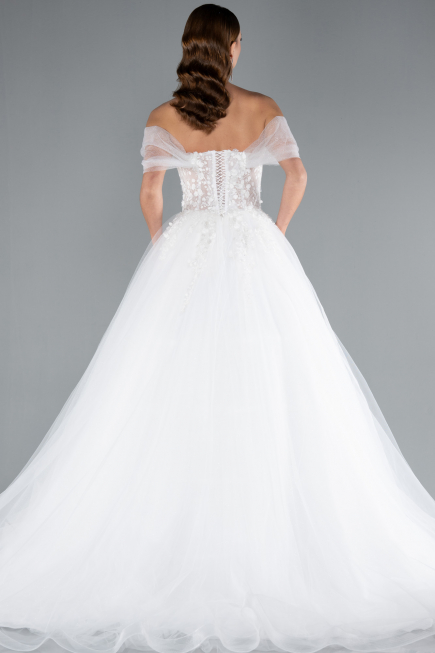 White Off Shoulder Corset Tulle Ball Gown Wedding Dress ABU4834