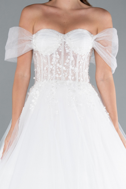 White Off Shoulder Corset Tulle Ball Gown Wedding Dress ABU4834