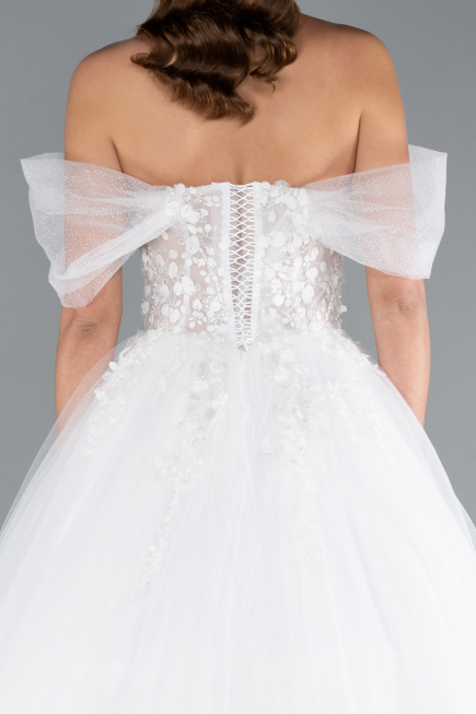 White Off Shoulder Corset Tulle Ball Gown Wedding Dress ABU4834