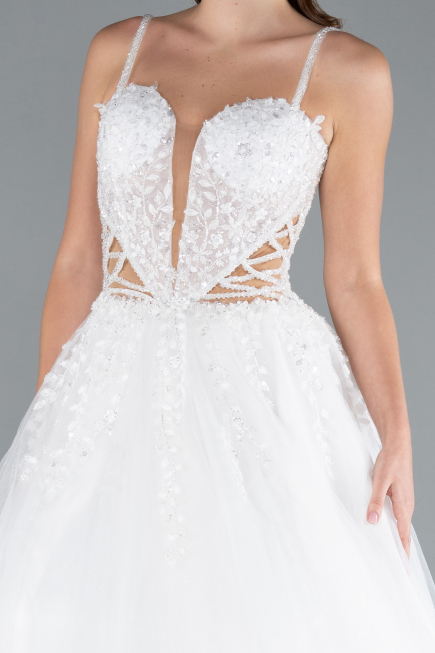 White Deep V-Neck Illusion Corset Tulle Wedding Dress ABU4835
