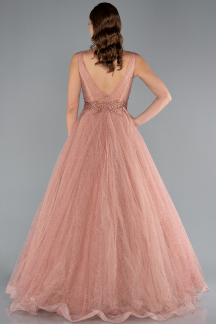 Light Brown Embroidered Bodice Dusty Rose Tulle Evening Gown ABU2131