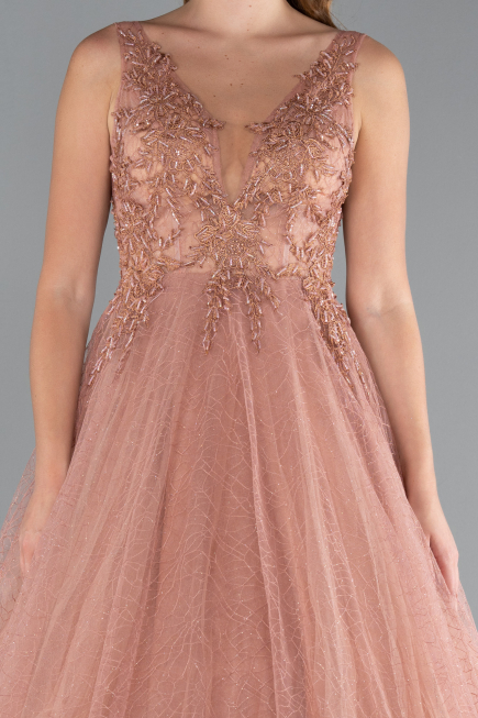 Light Brown Embroidered Bodice Dusty Rose Tulle Evening Gown ABU2131