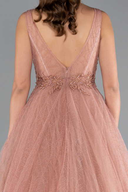 Light Brown Embroidered Bodice Dusty Rose Tulle Evening Gown ABU2131