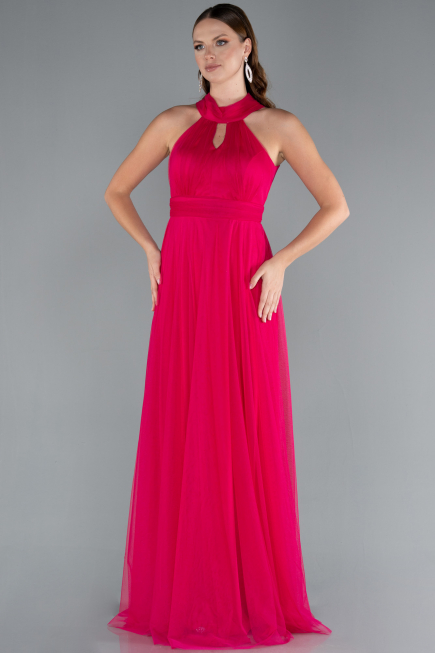 Fuchsia Halter Neck Long Graduation Prom Dress ABU3252