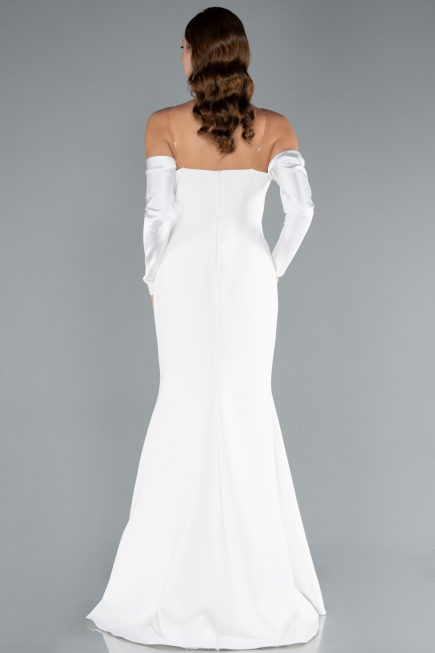 White Strapless Sleeve Accessory Slit Mermaid Prom Dress ABU4637
