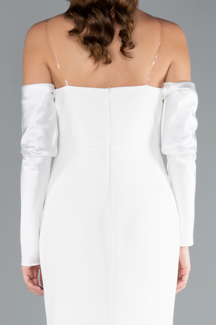 White Strapless Sleeve Accessory Slit Mermaid Prom Dress ABU4637