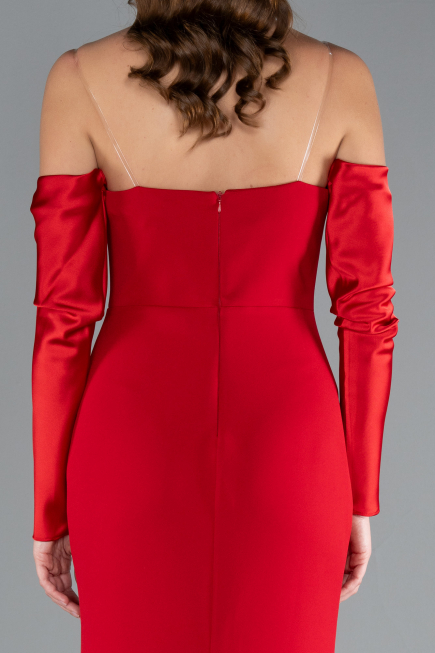Red Strapless Sleeve Accessory Slit Mermaid Prom Dress ABU4637