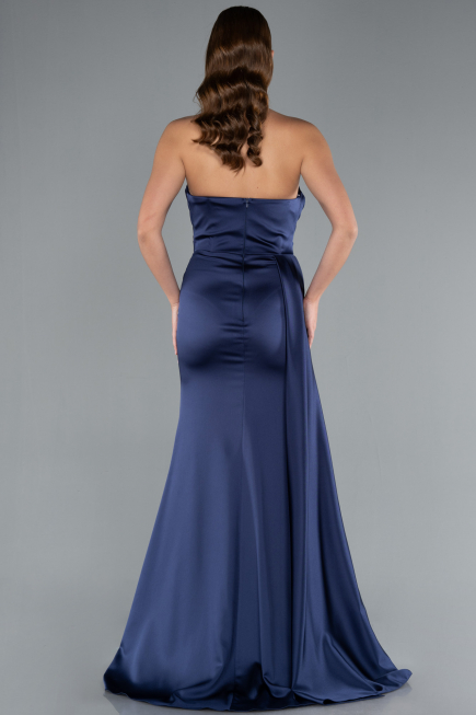 Navy Blue Strapless Side Slit Satin Evening Gown ABU4841