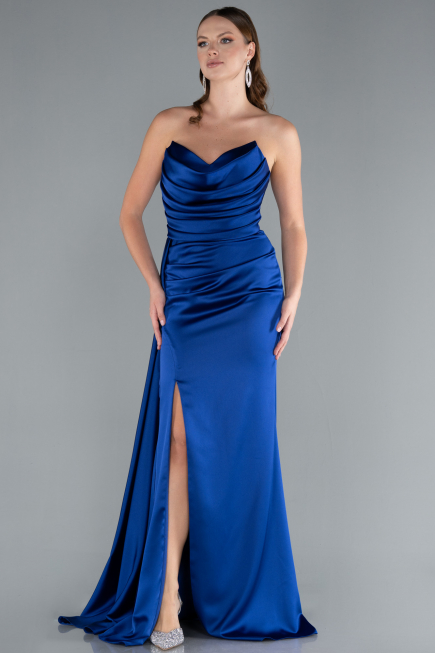 Sax Blue Strapless Side Slit Satin Evening Gown ABU4841
