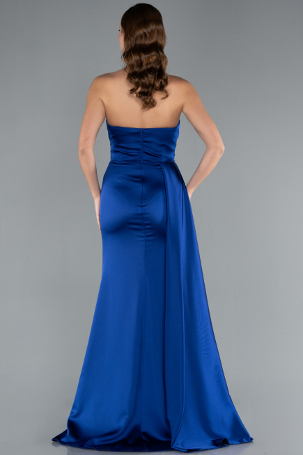 Sax Blue Strapless Side Slit Satin Evening Gown ABU4841