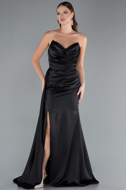 Black Strapless Side Slit Satin Evening Gown ABU4841